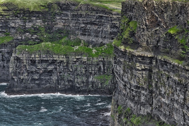 Close up of The large and beautiful cliffs of Moher in Ireland.