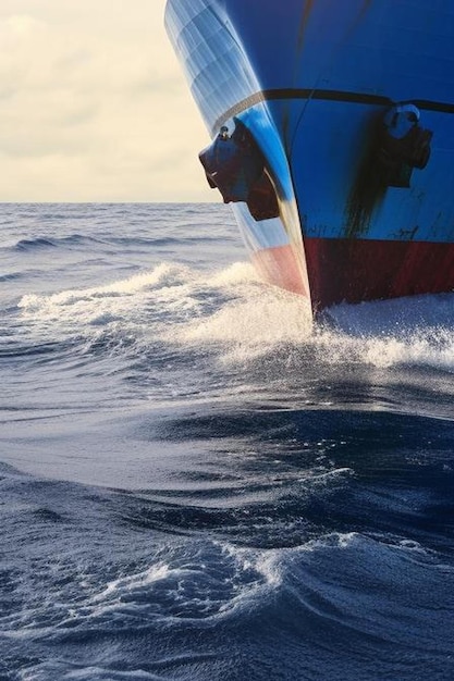 close up of large blue merchant crago ship in the middle of the ocean underway performing cargo