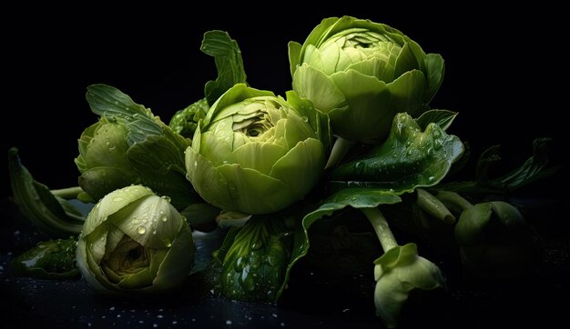 a close up of large bunch of green veggies with water droplets on a black background