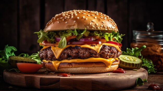 Close up of a large cheeseburger on a wooden plate with a blurred background