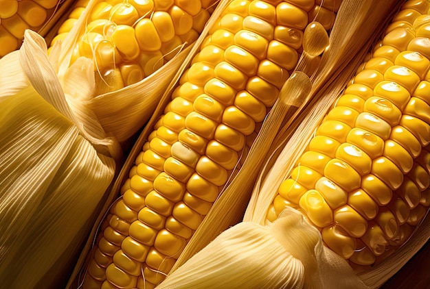 a close up of large ears of corn in the style of light beige and gold