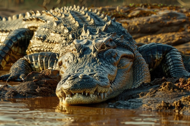 Photo close up of large female saltwater crocodile sitting on a muddy river bank