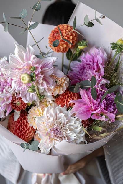 Close-up of a large festive bouquet with chrysanthemum flowers.