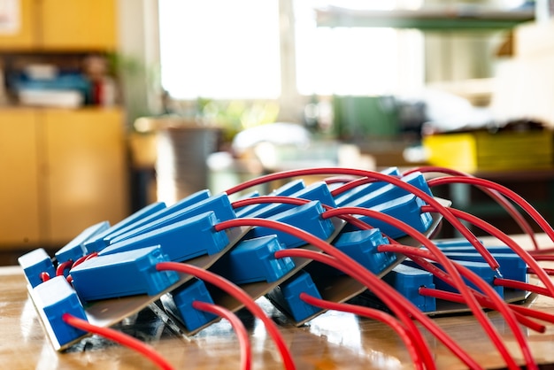 Close-up of a large green microcircuit with blue components