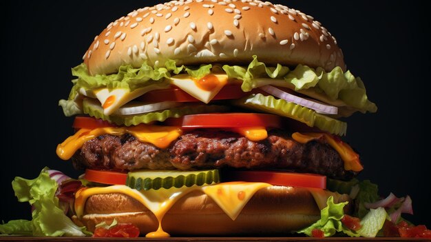 a close up of a large hamburger with lettuce generative ai