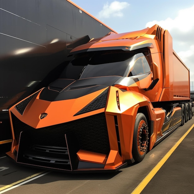 a close up of a large orange truck driving down a road generative ai