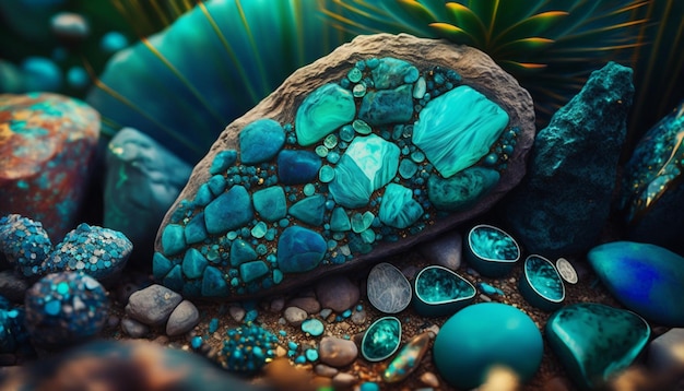다양한 돌 생성 인공 지능이 있는 큰 조각 장인 청록색 녹색 유리 클로즈업