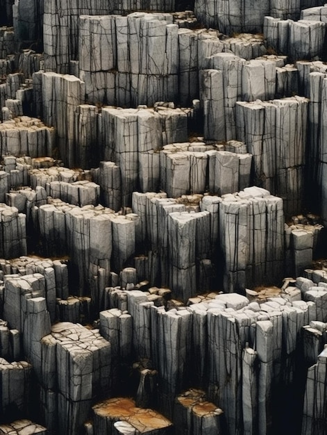 a close up of a large pile of rocks with a person on a surfboard generative ai