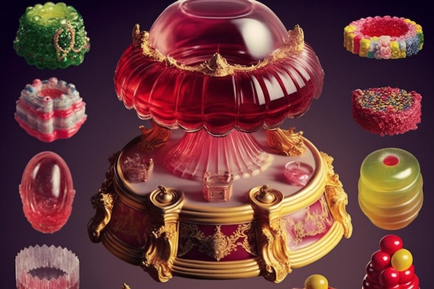 A close up of large red glass bowl with various candies generative ai