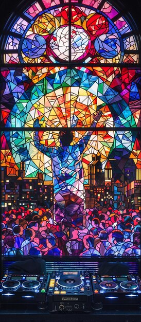 a close up of a large stained glass window with a dj playing generative ai