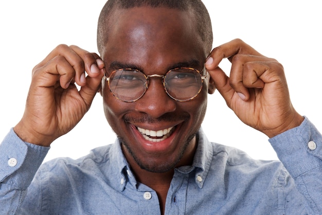 Close up laughing businessman with glasses against white background