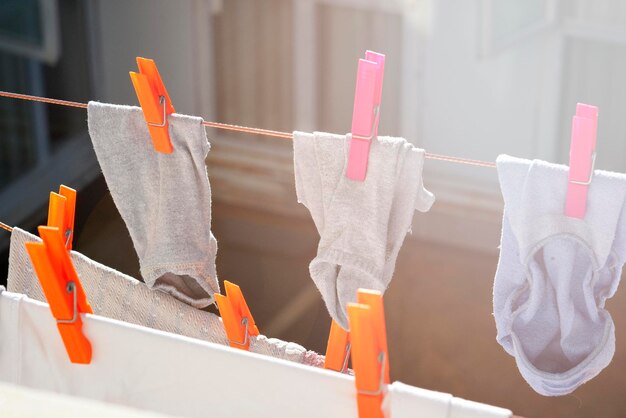 Close-up of laundry hanging on clothesline