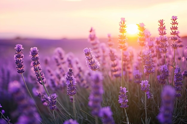 Foto close-up lavendelbloemen in een prachtig veld bij zonsondergang