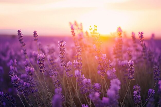 Close up lavender flowers in beautiful field at sunset