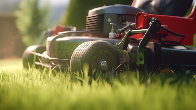 Photo close up of lawn mower in action on lawn at sunny summer day neural network generated in may 2023 not based on any actual person scene or pattern