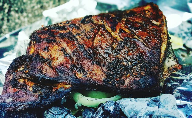 Close-up of leaf on barbecue