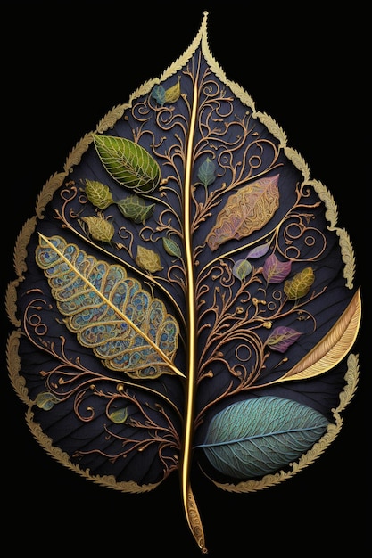 Close up of a leaf on a black background generative ai