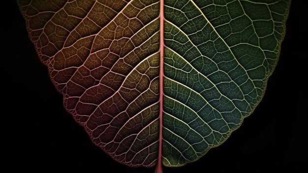 A close up of a leaf on a black background