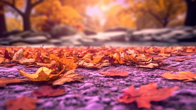 A close up of a leaf covered ground with a purple background