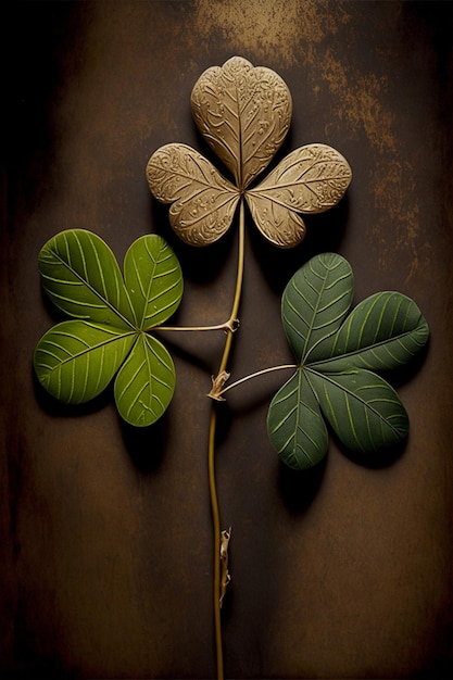 Close up of a leaf and a flower on a table generative ai