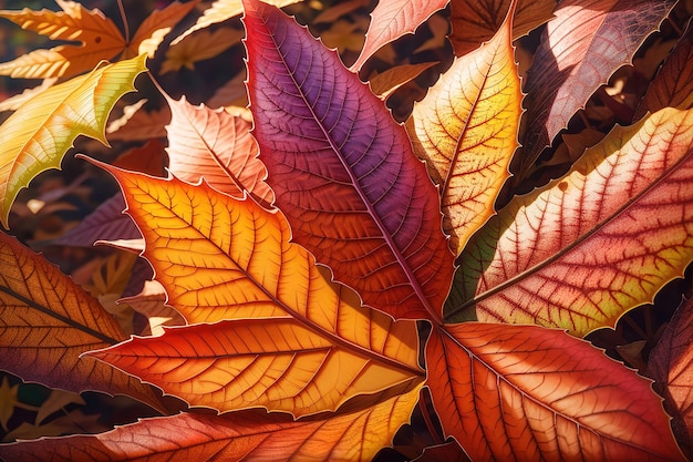 A close up of a leaf with the colors of autumn.