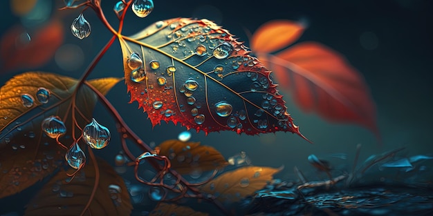 A close up of a leaf with drops of water on it generative AI