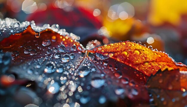 a close up of a leaf with drops of water on it