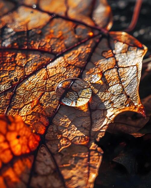 a close up of a leaf with drops of water on it