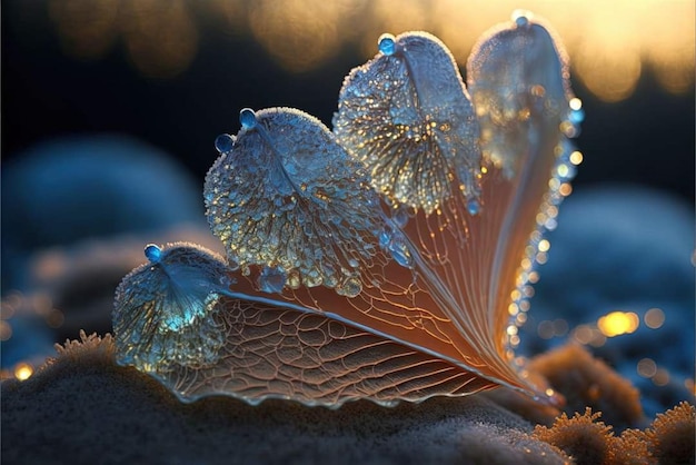 A close up of a leaf with the sun shining on it