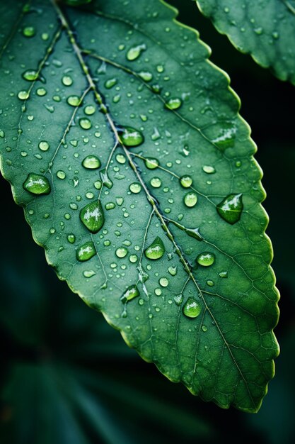 A close up of a leaf with water droplets on it generative ai