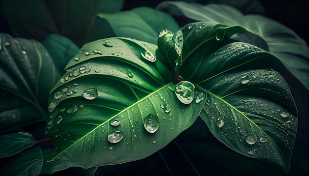 A close up of a leaf with water droplets on it