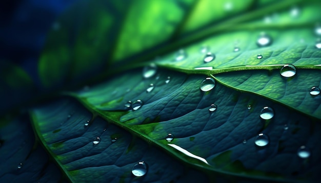 A close up of a leaf with water droplets on it