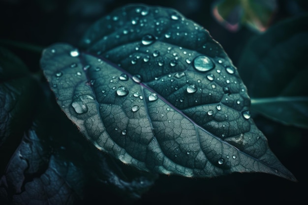 A close up of a leaf with water droplets on it