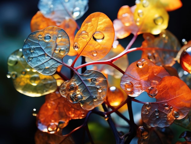 A close up of a leaf with water droplets