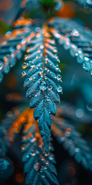 a close up of a leaf with water drops on it