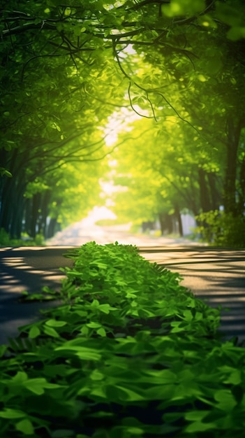 a close up of a leafy road with a tree lined street generative ai