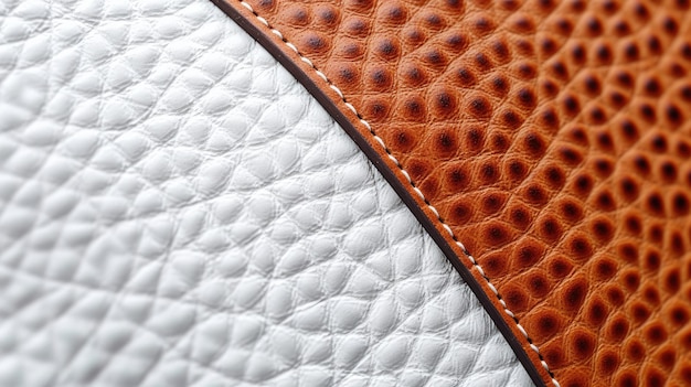 A close up of a leather bag with a white stitching.