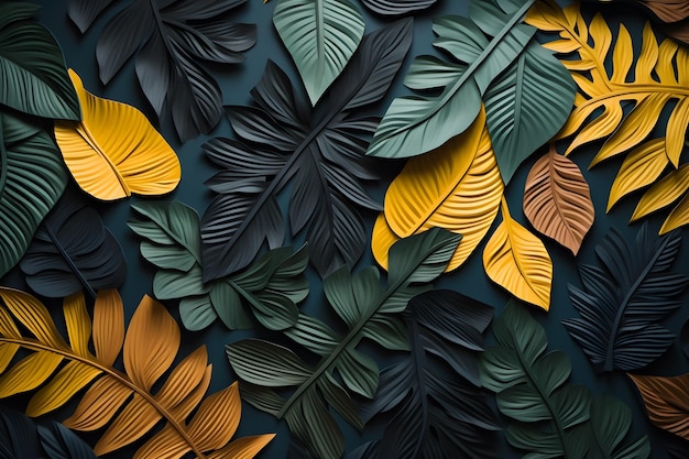 a close up of leaves and leaves with a blue background