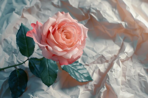 Close up leaves pink rose flower on mulburry paper for valentines