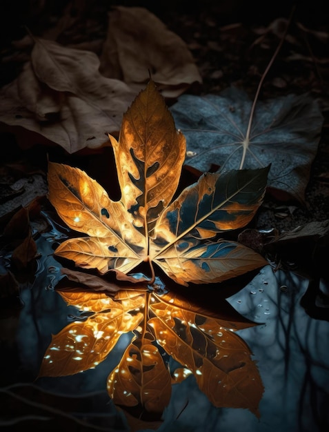 A close up of leaves in a puddle with the light generative ai