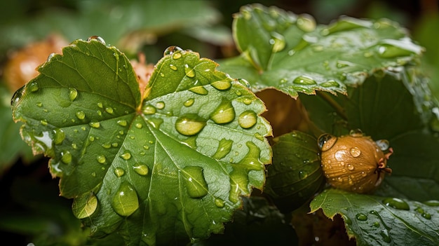 A close up of leaves with water droplets on them