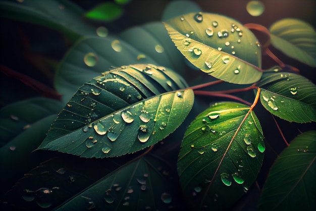 A close up of leaves with water droplets on them