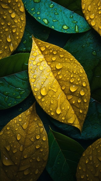 A close up of leaves with water drops on them