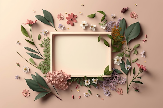 Close-up leeg fotolijstje met lente bloemen seizoen achtergrond minimalistisch met generatieve AI
