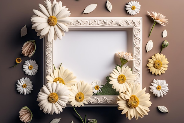 Close-up leeg fotolijstje met lente bloemen seizoen stijlvolle achtergrond met generatieve AI