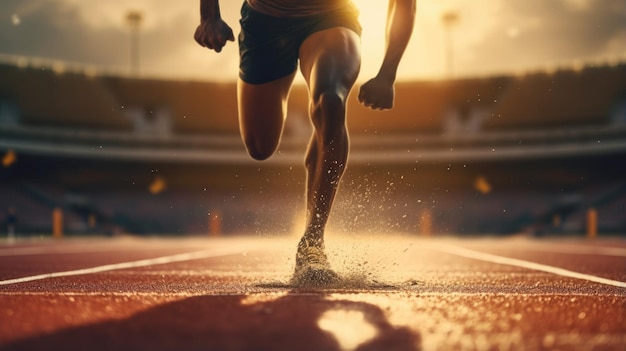 Close up legs of Athlete man running on racetrack at a stadium Sprinter on the running track