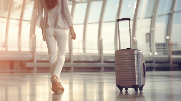 Photo close up of legs backside a beautiful woman with luggage and walking in airport international airport terminal