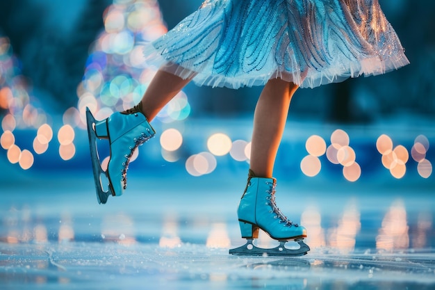 Close up of the legs of a female ice skater