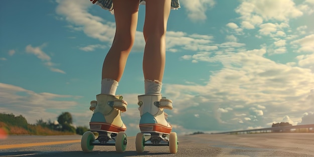 Близкий взгляд на ноги девушки на роликах на дороге при заходе солнца