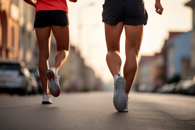 close up legs runner group running on sunrise seaside trail AI generative